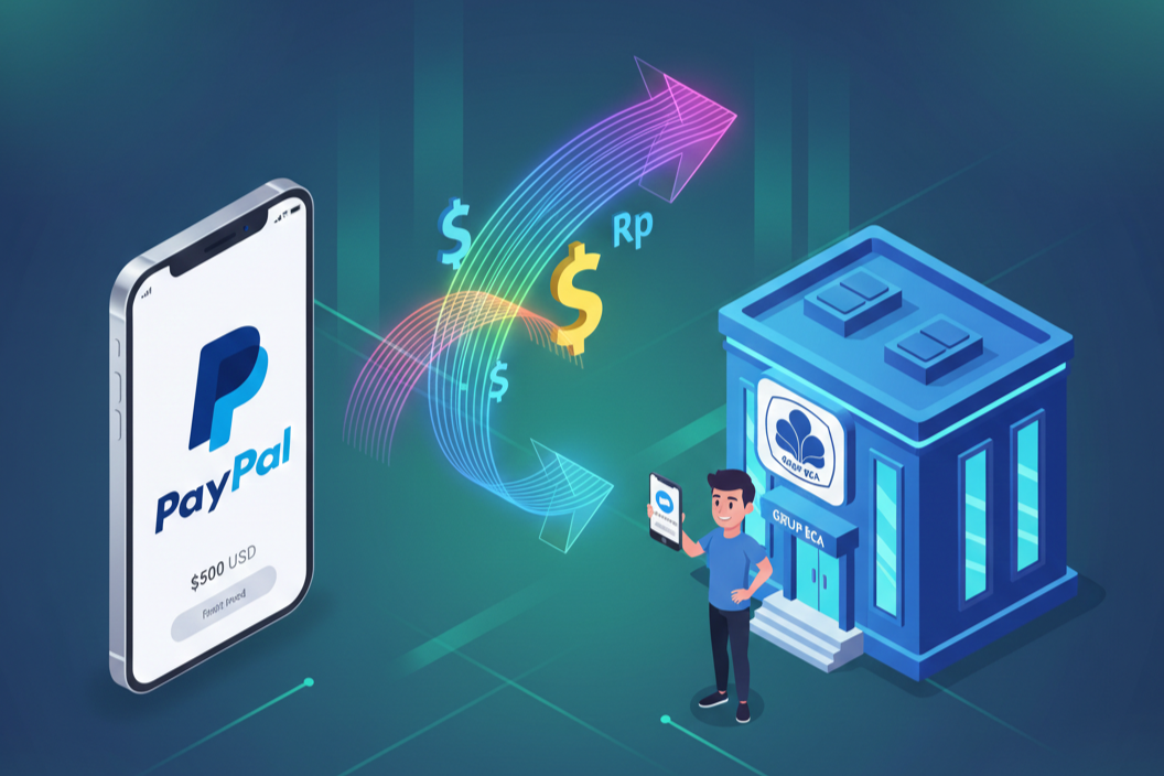 Infografis langkah-langkah menarik uang dari PayPal ke rekening bank BCA Indonesia secara praktis.