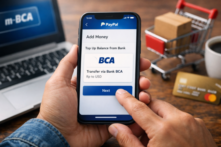 Ilustrasi proses transfer saldo PayPal ke rekening Bank BCA menggunakan smartphone dengan latar belakang uang Rupiah.