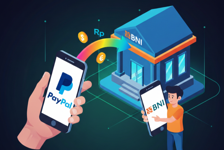 Ilustrasi proses transfer saldo PayPal ke rekening bank BNI Indonesia dengan cepat dan aman melalui jasa konversi.