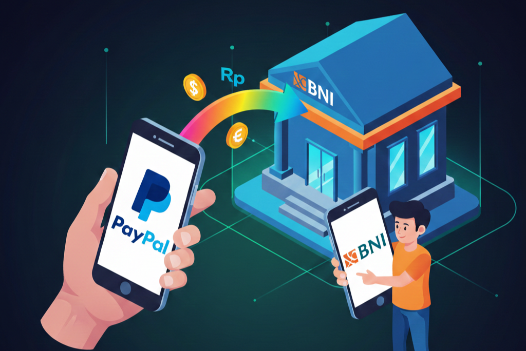 Ilustrasi proses transfer saldo PayPal ke rekening bank BNI Indonesia dengan cepat dan aman melalui jasa konversi.