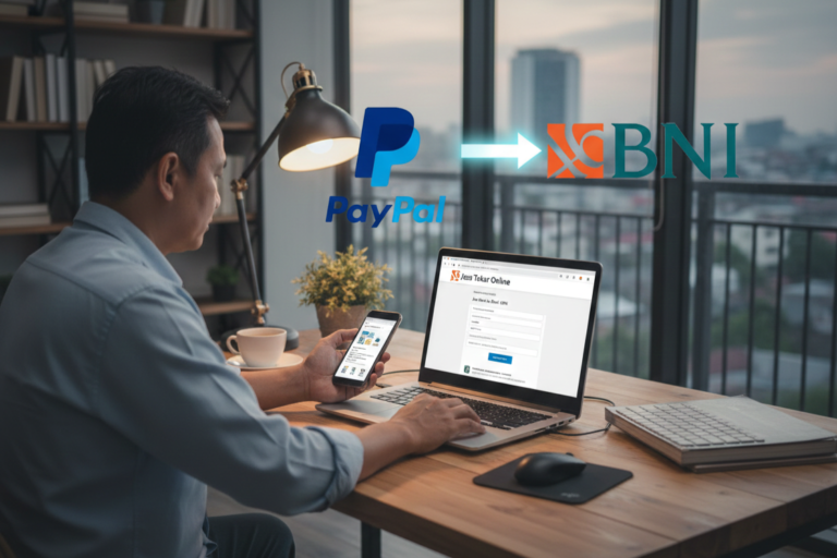 Ilustrasi proses transfer saldo dari akun PayPal ke rekening bank BNI melalui layanan jasa tukar terpercaya.