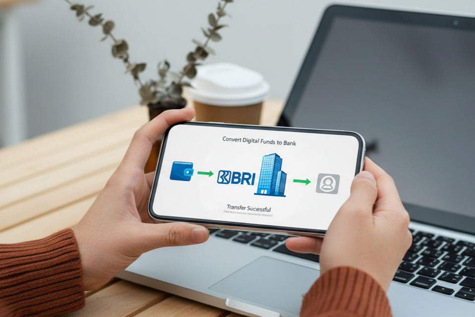 Ilustrasi proses transaksi pengiriman saldo dari aplikasi PayPal ke rekening bank BRI secara online dan aman.