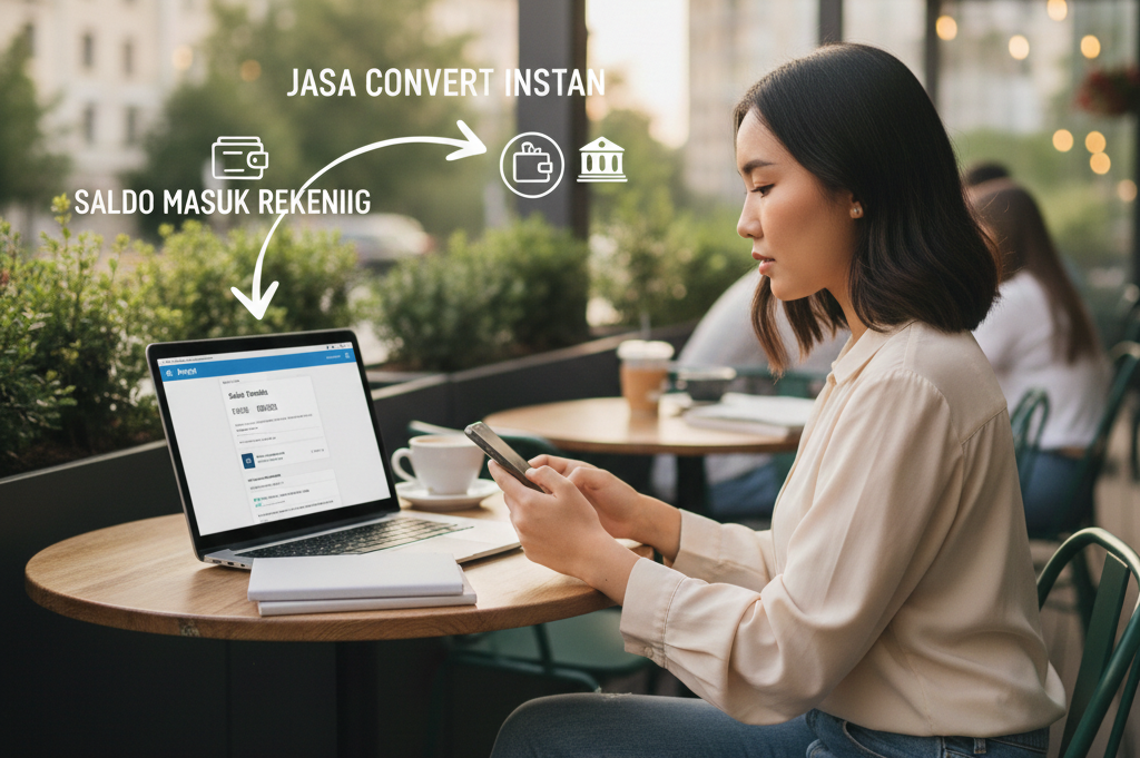 Ilustrasi proses jasa convert Paypal cepat ke rekening bank lokal dengan tampilan transaksi digital dan notifikasi saldo masuk