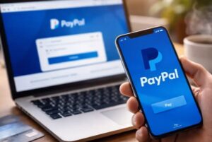 Ilustrasi proses transaksi jasa tukar dollar PayPal ke rekening bank lokal secara aman dan cepat.