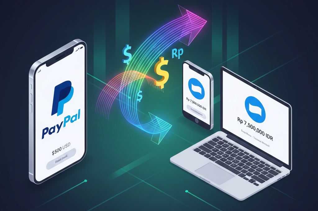 Ilustrasi proses pengiriman saldo dari aplikasi PayPal menuju dompet digital DANA Indonesia melalui ponsel pintar.