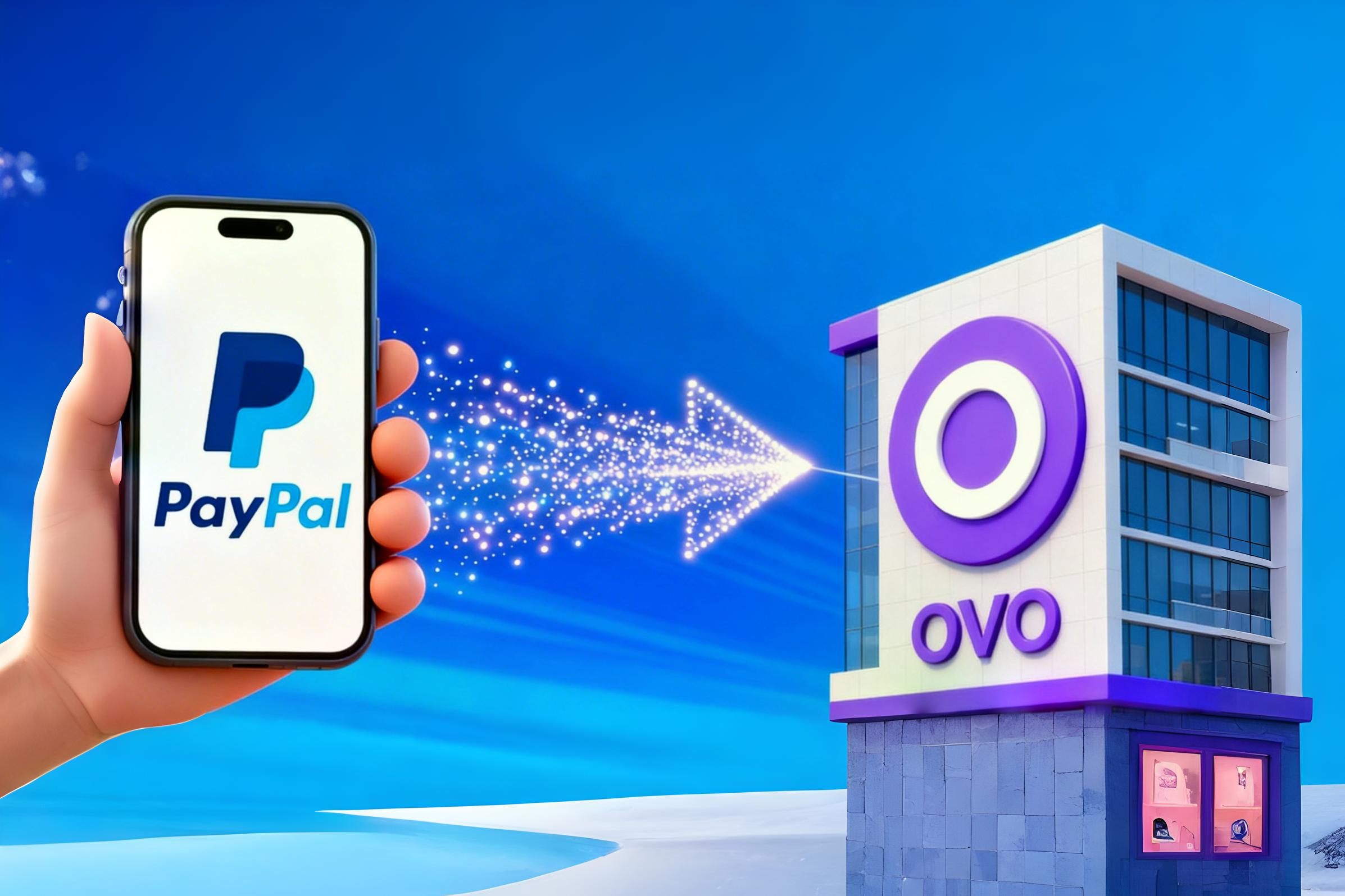 Ilustrasi proses pengiriman saldo dari akun Paypal ke aplikasi dompet digital OVO Indonesia.