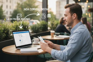 Ilustrasi proses transaksi jasa convert PayPal instan ke rekening bank lokal dan e-wallet secara praktis.