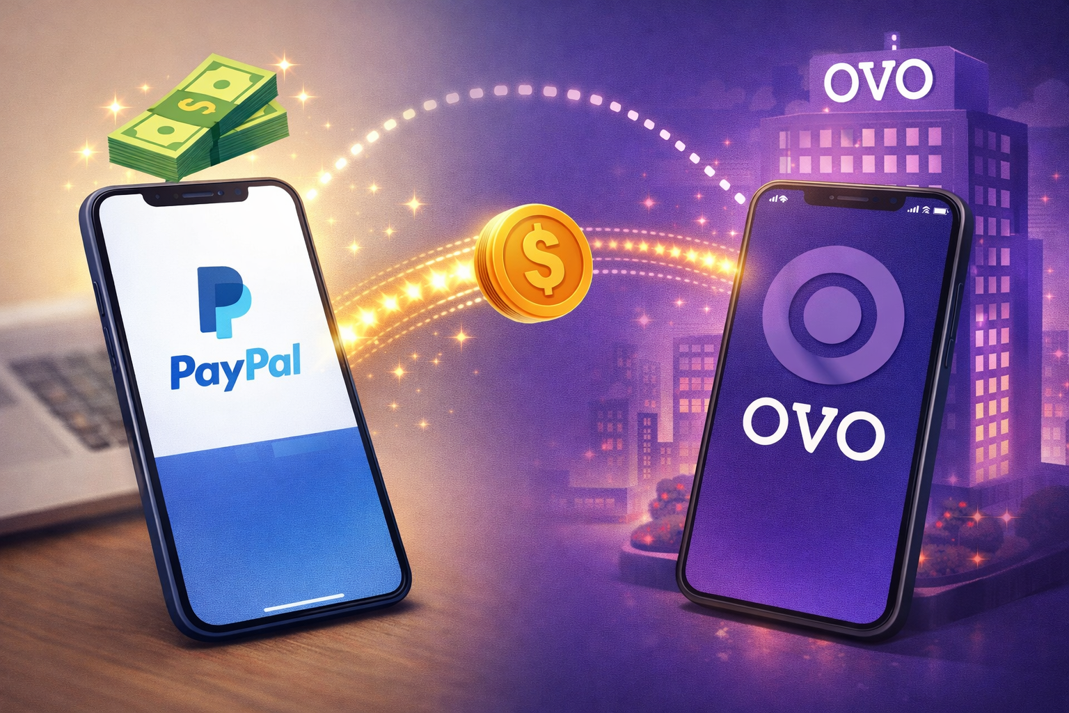 Ilustrasi langkah-langkah cara mencairkan saldo PayPal ke aplikasi OVO melalui handphone secara praktis.