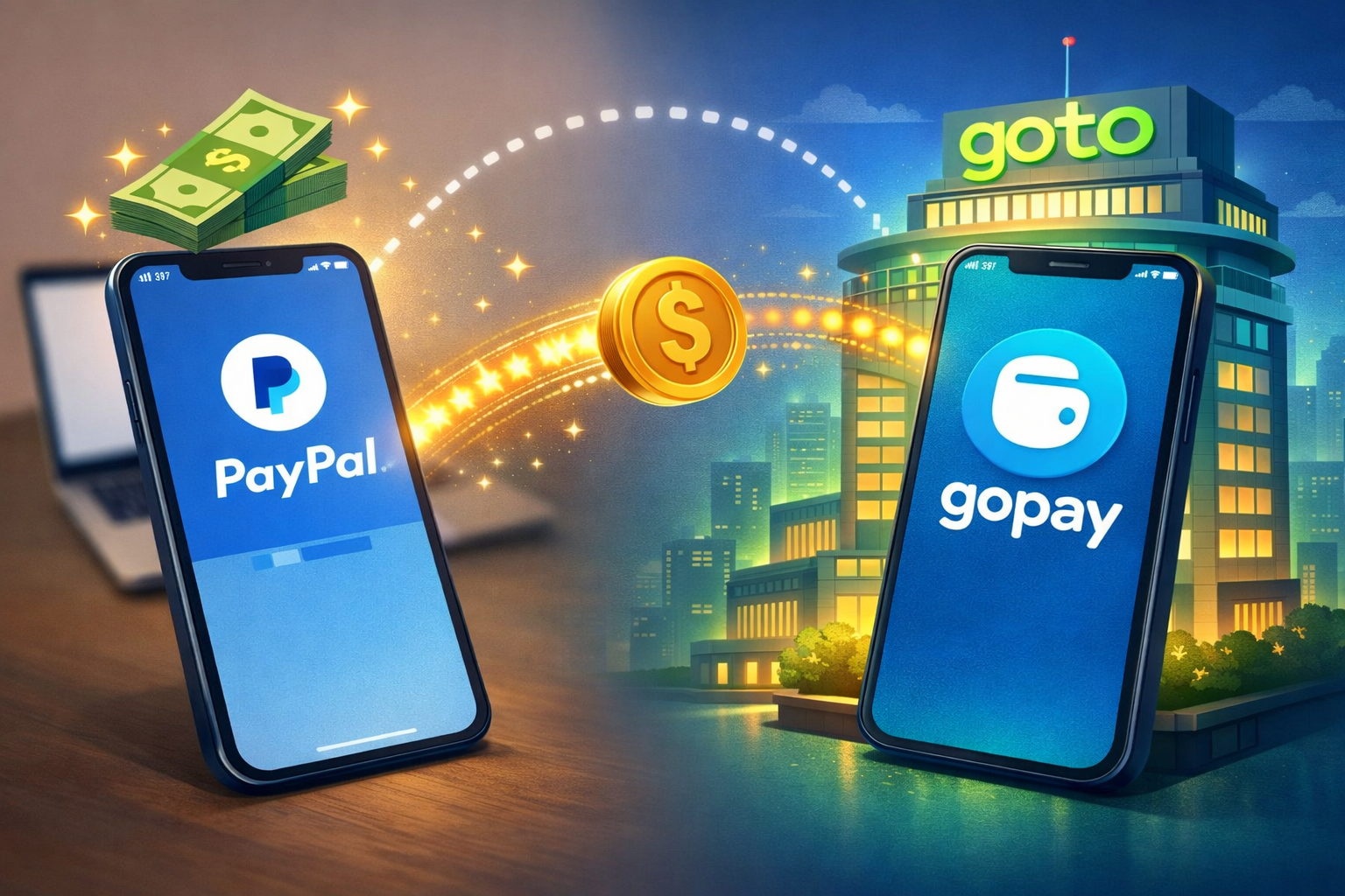 Ilustrasi proses transaksi jasa konversi saldo PayPal ke saldo GoPay secara instan dan aman.