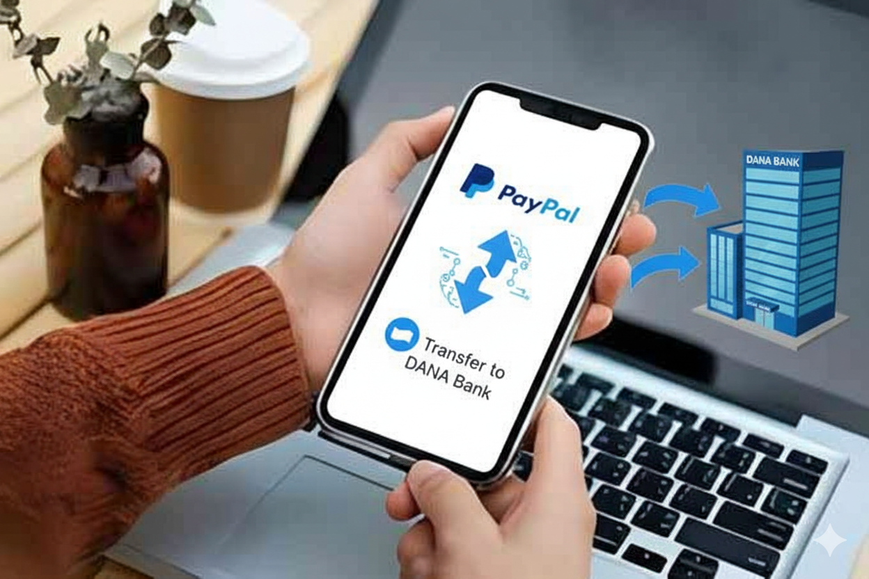 Infografis cara mudah menggunakan jasa konversi saldo PayPal ke aplikasi DANA melalui smartphone.
