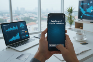 Ilustrasi proses transfer saldo digital menggunakan aplikasi Jasa Convert PayPal ke DANA melalui smartphone yang praktis.