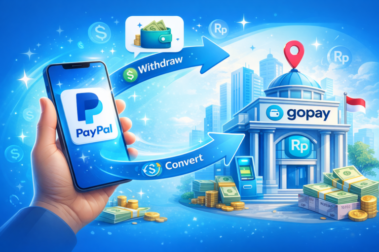Ilustrasi proses transfer atau convert saldo dari akun PayPal menuju aplikasi dompet digital GoPay Indonesia.
