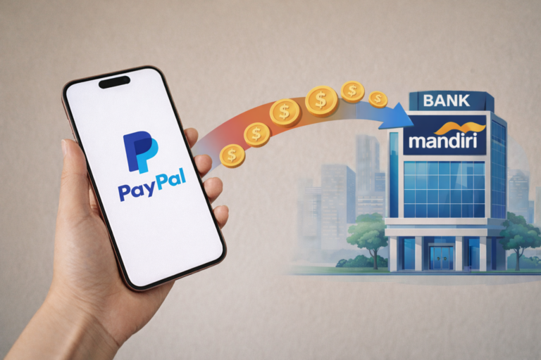 Ilustrasi proses transfer saldo dari aplikasi PayPal ke rekening Bank Mandiri melalui ponsel pintar secara aman.