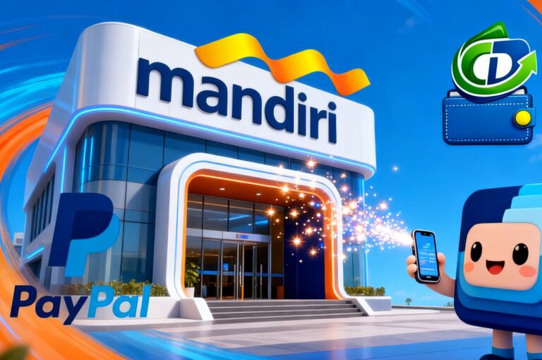 Ilustrasi proses transfer uang dari aplikasi PayPal ke rekening Bank Mandiri Indonesia secara online.