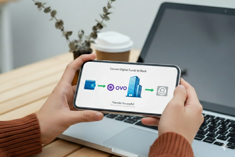 Ilustrasi proses transaksi pengiriman saldo dari aplikasi PayPal menuju dompet digital OVO Indonesia dengan aman.