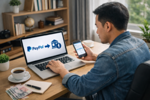 Ilustrasi proses convert PayPal ke bank lokal melalui rekening bank Indonesia secara aman dan cepat.