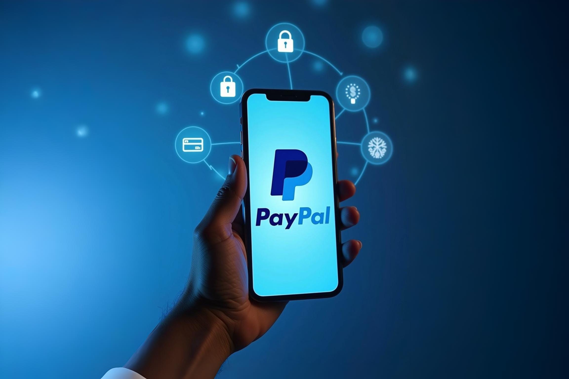 Logo dompet digital PayPal dan ilustrasi transaksi keuangan online internasional yang aman melalui smartphone.