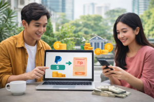 Ilustrasi proses jasa convert saldo Paypal dari dolar ke rupiah dengan transfer ke rekening bank lokal secara cepat dan aman