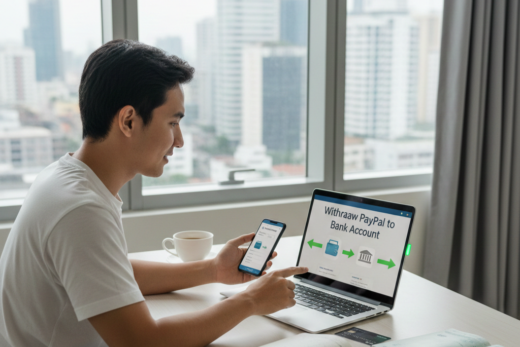 Ilustrasi proses penarikan saldo dari aplikasi PayPal masuk ke buku tabungan bank lokal Indonesia secara sukses.