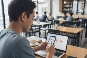 Ilustrasi proses transfer saldo dari aplikasi PayPal menuju saldo ShopeePay melalui smartphone dengan latar belakang aman.