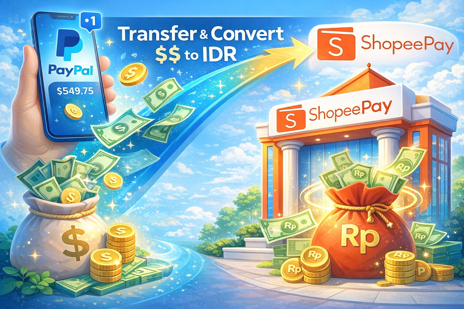 Ilustrasi proses transfer saldo digital dari logo PayPal menuju aplikasi ShopeePay di layar smartphone.