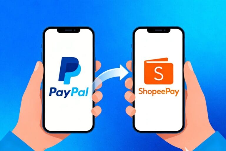 Ilustrasi proses transfer saldo PayPal ke ShopeePay menggunakan smartphone dengan tampilan aplikasi keuangan digital yang aman.