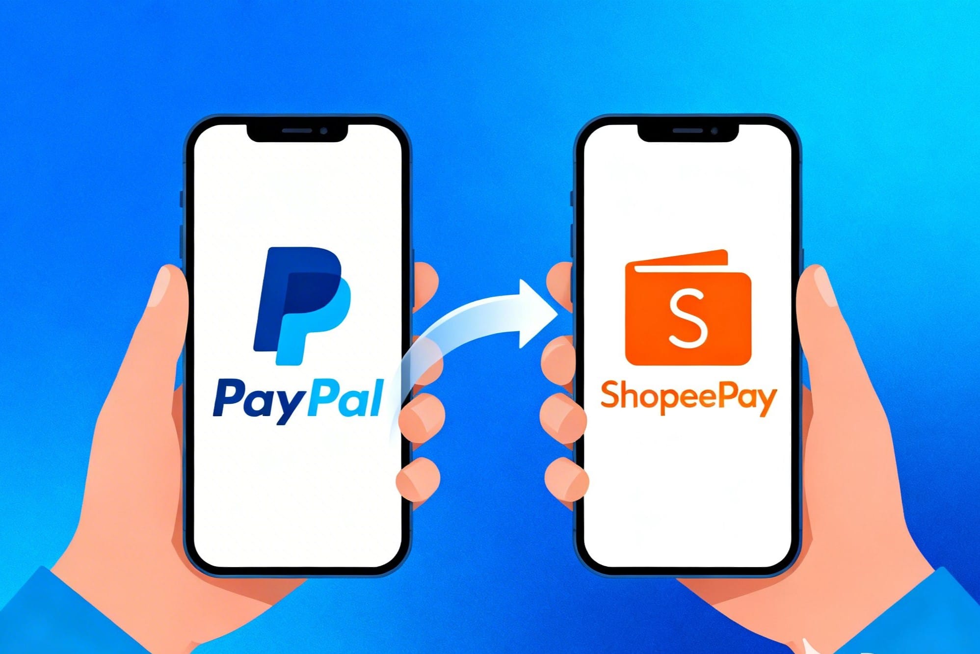 Ilustrasi proses transfer saldo PayPal ke ShopeePay menggunakan smartphone dengan tampilan aplikasi keuangan digital yang aman.