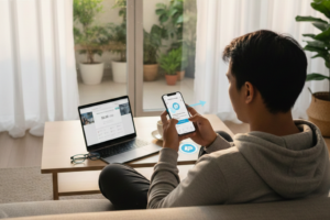 Ilustrasi transaksi jasa top up PayPal dari bank melalui smartphone dengan latar belakang logo bank lokal.