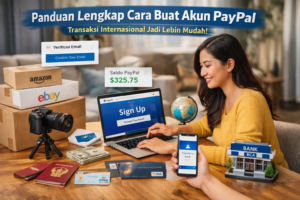 Infografis langkah-langkah pendaftaran akun PayPal menggunakan laptop dan smartphone bagi pengguna baru di Indonesia.