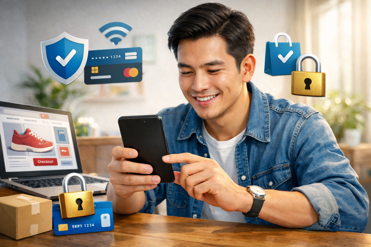 Ilustrasi orang sedang melakukan transaksi belanja online menggunakan akun PayPal melalui perangkat smartphone dengan aman.