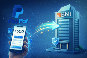 Ilustrasi proses transfer uang digital dari akun PayPal ke rekening bank BNI secara cepat dan aman.