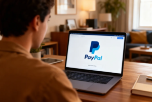 Orang sedang bekerja di depan laptop sambil melihat saldo akun PayPal di layar komputer yang menyala.