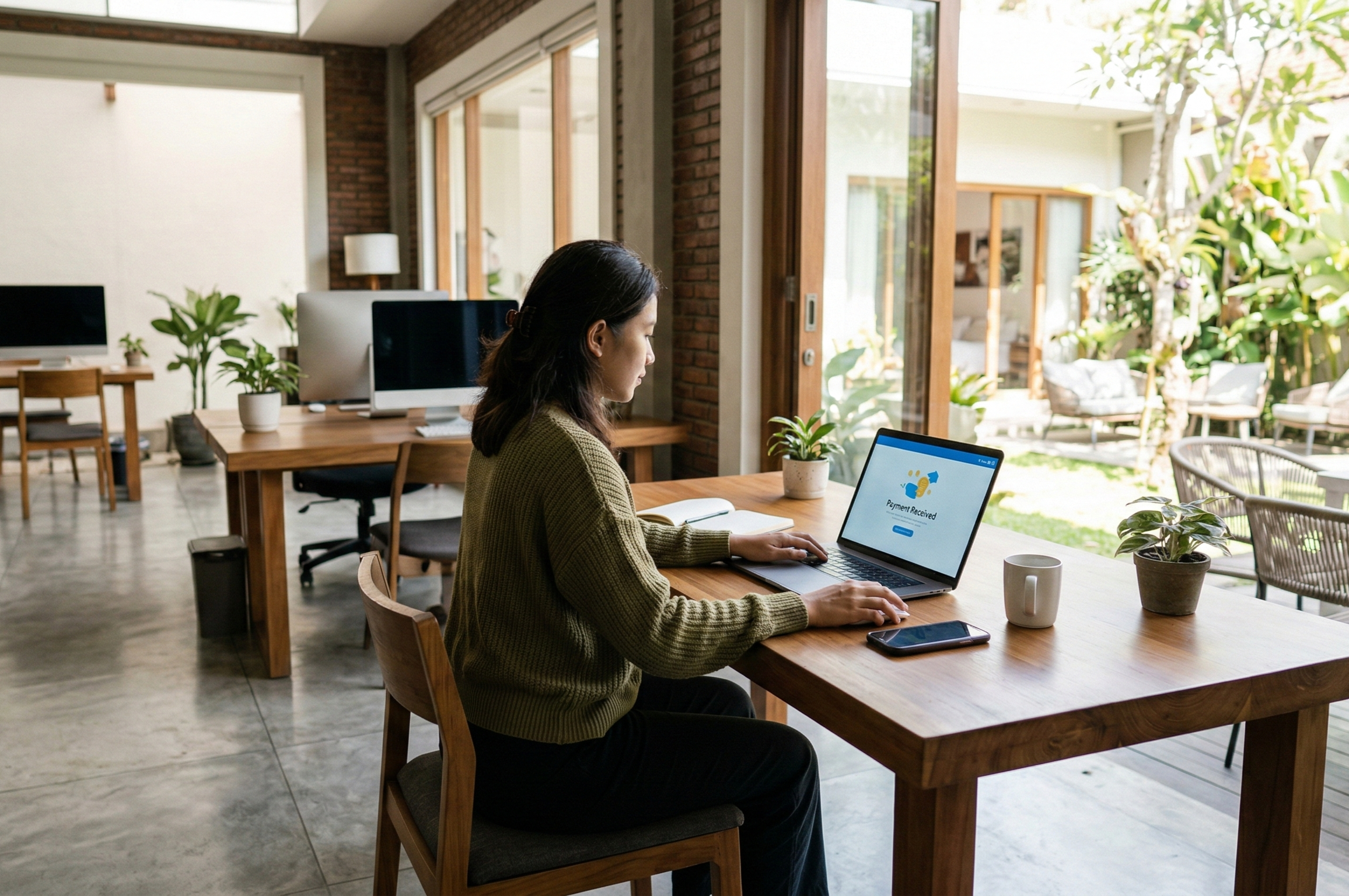 Ilustrasi seorang freelancer sedang mengecek saldo masuk di akun PayPal melalui laptop dan smartphone.