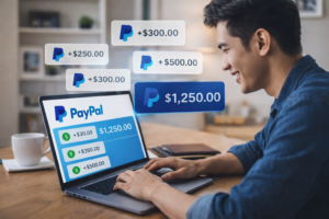 Ilustrasi freelancer sedang bekerja di depan laptop sambil memantau saldo masuk ke akun PayPal secara real-time.