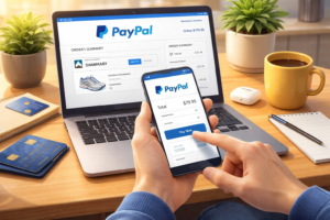 Ilustrasi orang sedang melakukan proses checkout belanja online menggunakan akun PayPal melalui smartphone dan laptop.