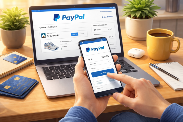 Ilustrasi orang sedang melakukan proses checkout belanja online menggunakan akun PayPal melalui smartphone dan laptop.