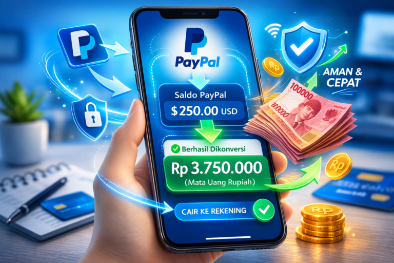 Ilustrasi proses convert saldo PayPal menjadi mata uang Rupiah secara digital yang aman dan cepat cair.