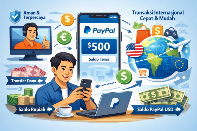 Ilustrasi proses pengisian saldo melalui jasa top up PayPal yang aman dan cepat untuk transaksi internasional.
