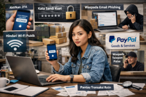 Ilustrasi keamanan transaksi digital menggunakan aplikasi PayPal pada perangkat smartphone dan laptop dengan proteksi ganda.