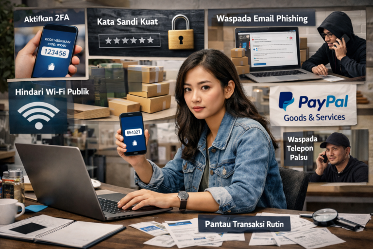 Ilustrasi keamanan transaksi digital menggunakan aplikasi PayPal pada perangkat smartphone dan laptop dengan proteksi ganda.