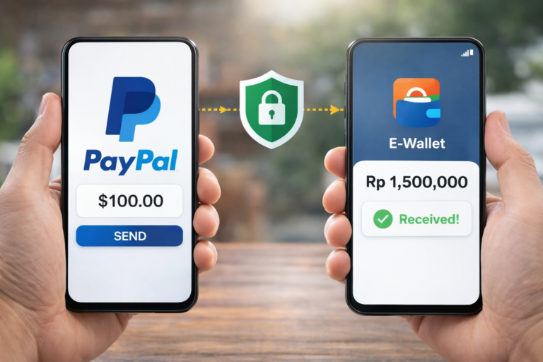 Ilustrasi cara kirim uang dari saldo PayPal ke aplikasi e-wallet lokal Indonesia melalui smartphone yang aman.
