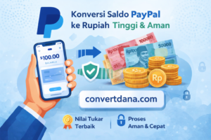 Ilustrasi proses konversi saldo PayPal ke Rupiah dengan nilai tukar tinggi dan aman bagi pengguna Indonesia.