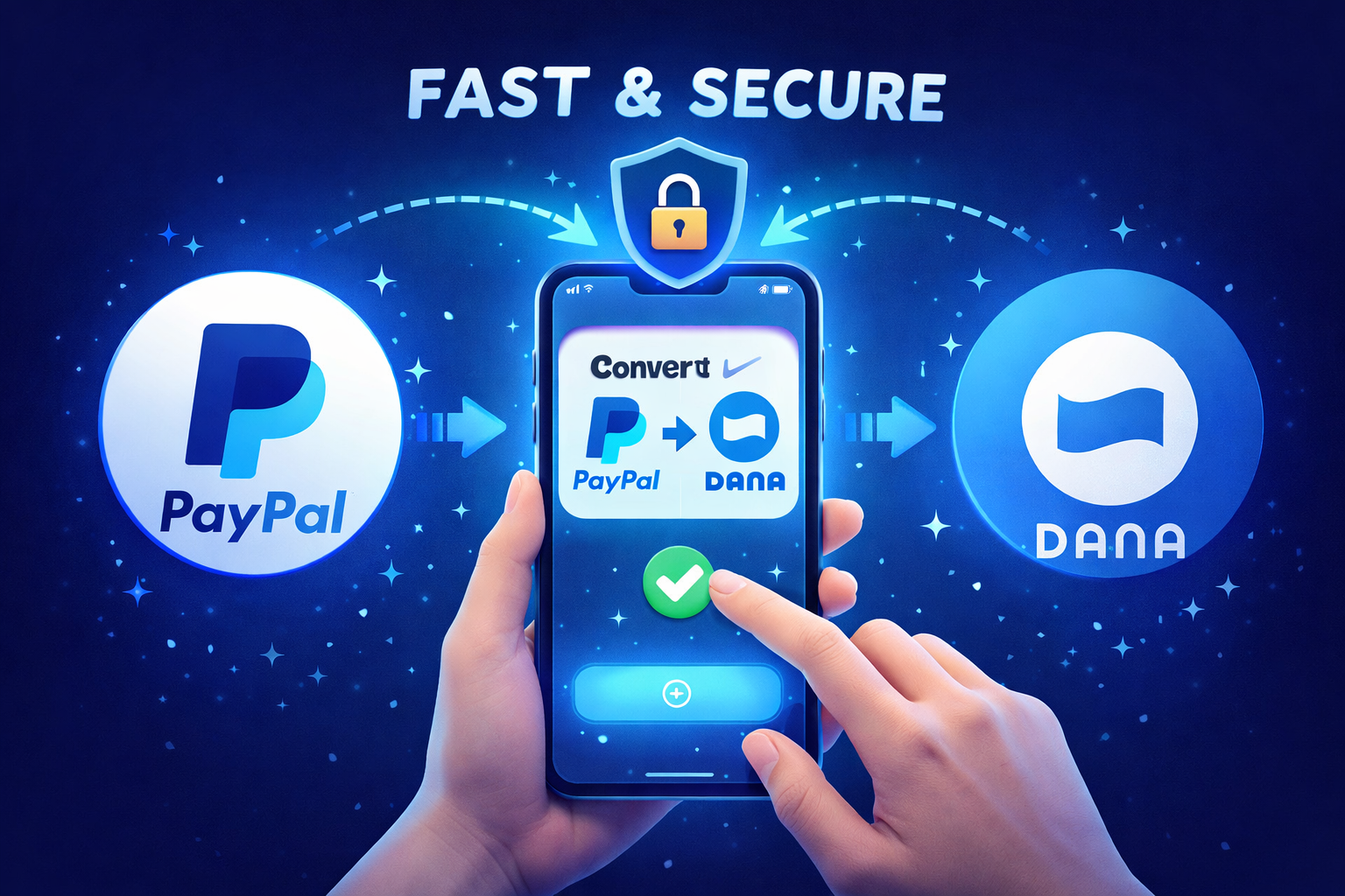 Ilustrasikan dan sedikit animasikan Proses transaksi jasa convert paypal (pakai logo unggahan) ke dana(pakai logo di unggahan) melalui smartphone yang aman dan sangat cepat, rasio 3:2