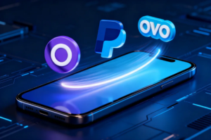 Ilustrasi proses konversi saldo PayPal ke aplikasi OVO melalui ponsel pintar secara aman.