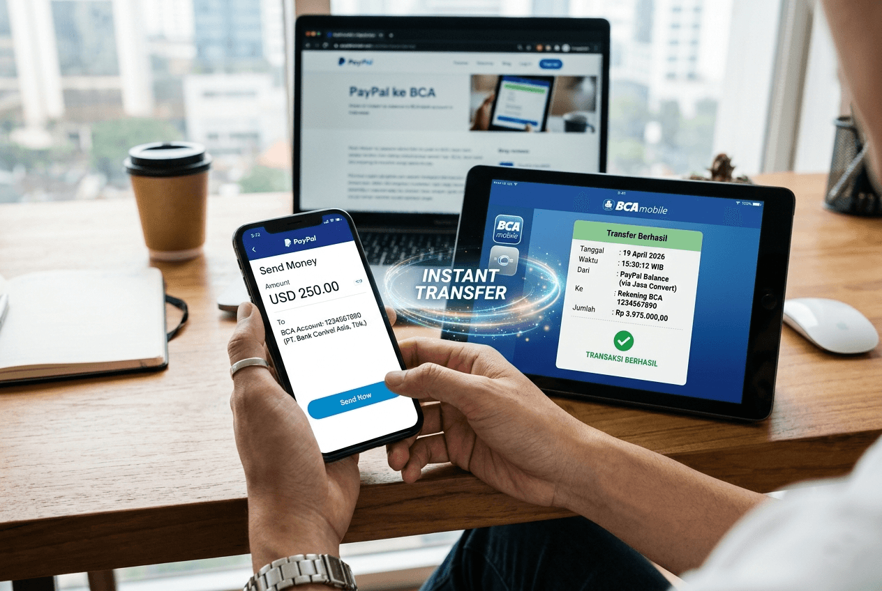 Ilustrasi proses transfer saldo PayPal ke rekening bank BCA secara instan.