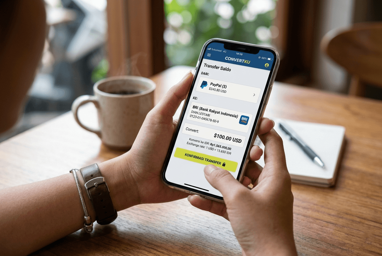 Ilustrasi proses transfer saldo PayPal ke rekening BRI menggunakan smartphone dengan tampilan aplikasi keuangan digital yang aman.