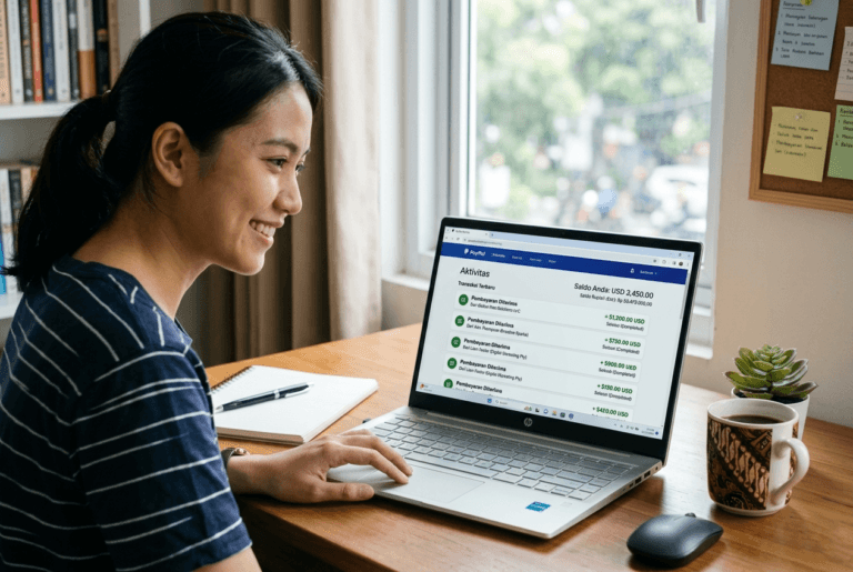 Tampilan dasbor akun PayPal yang menunjukkan transaksi pembayaran sukses dari klien luar negeri kepada pekerja lepas.