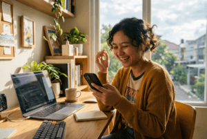 seorang-freelancer-bahagia-melihat-notifikasi-pembayaran-paypal-di-ponsel