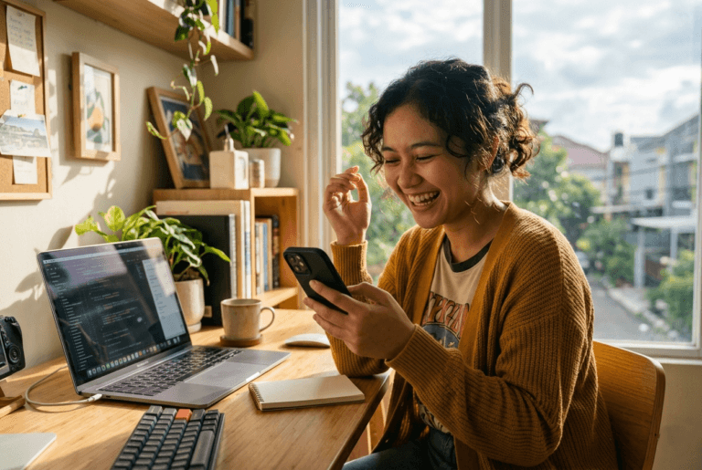 seorang-freelancer-bahagia-melihat-notifikasi-pembayaran-paypal-di-ponsel