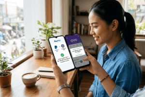 Ilustrasi proses transfer saldo dari akun PayPal ke aplikasi OVO melalui ponsel pintar secara instan dan aman.